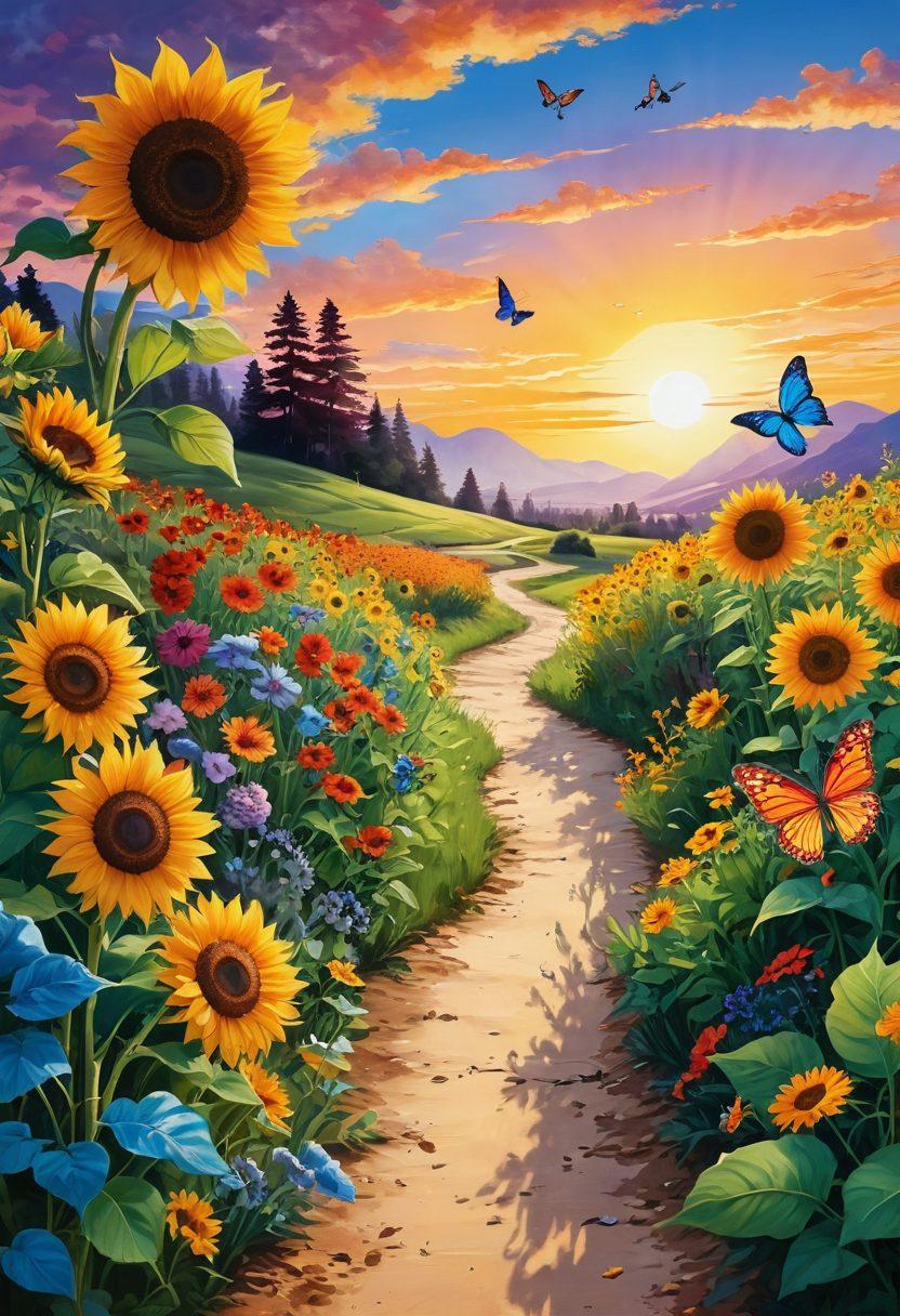 A vibrant and whimsical illustration of a winding path through a lush, colorful landscape, dotted with joyful characters engaging in various activities, such as dancing, meditating, and painting. Bright sunflowers and butterflies adorn the scene, symbolizing positivity and growth. The sky is painted in warm sunset hues, creating a feeling of warmth and happiness. super-realistic. vibrant colors. nature-inspired.