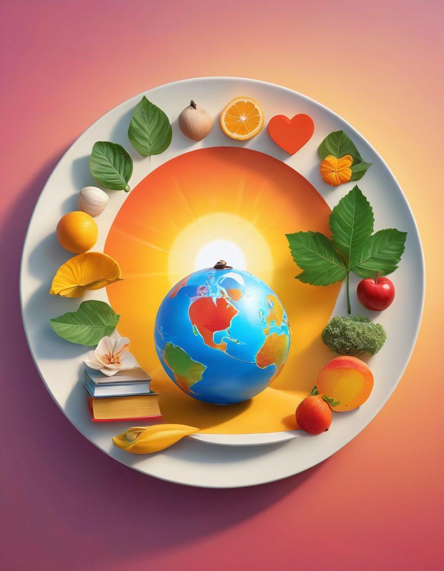 A serene scene illustrating seven distinct habits, each represented by a vibrant symbol: a book for learning, a leaf for nature, a heart for gratitude, a clock for time management, a yoga pose for mindfulness, a globe for exploration, and a plate for healthy eating. The background features a sunrise symbolizing new beginnings and positivity. super-realistic. vibrant colors. 3D.