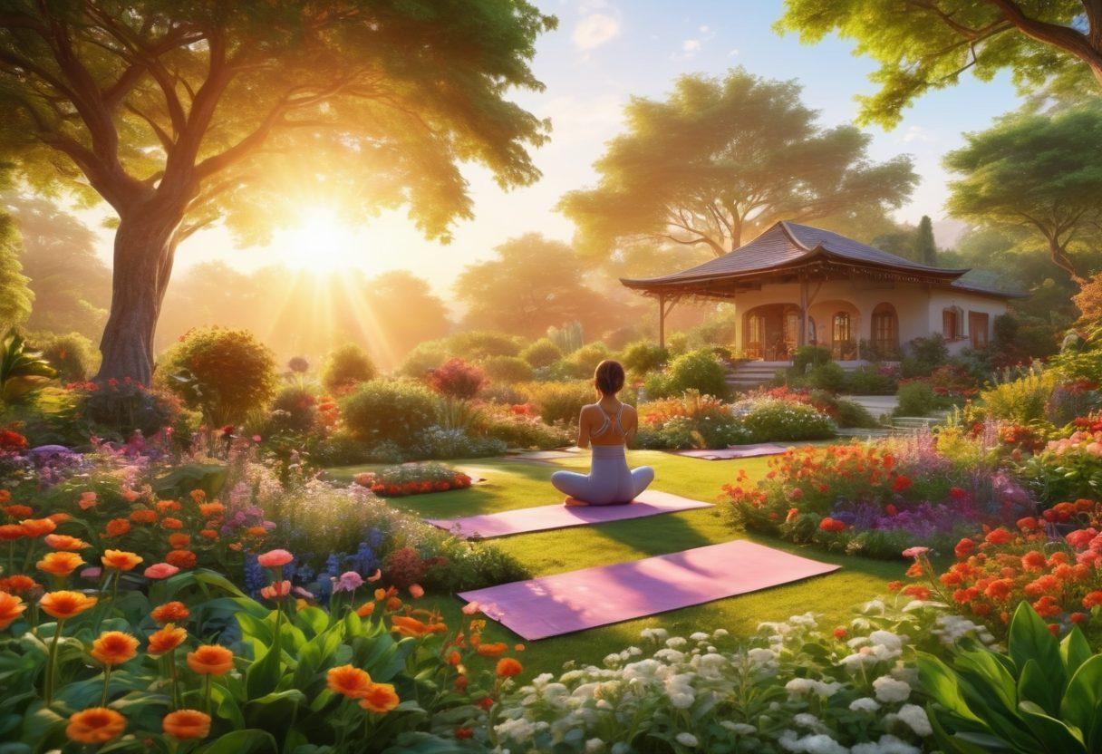A serene landscape depicting a vibrant sunrise over a lush garden filled with blooming flowers, fruits, and vegetables, with people practicing yoga and mindfulness amidst nature. Include elements of joy like laughter and celebration, emphasizing connection, simplicity, and gratitude. Soft, warm lighting to evoke blissful feelings. vibrant colors. 3D.